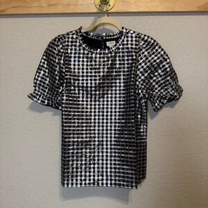 Women's J. Crew Black and Silver Check Metallic Short Sleeve Shirt Size S NEW